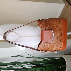 Vintage 1980's Brighton Brown Leather Crocodile Embossed Shoulder Handbag